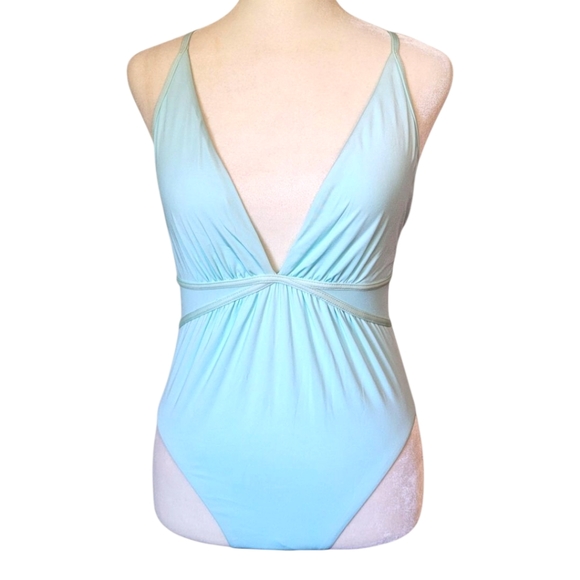 NWOT Bcbgmaxazria Plunging V-Neckline Shirr One Piece Swimsuit Aqua Blue Size 8 - Picture 3 of 17